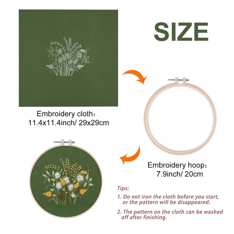 FEPITO 2 Sets Full Range Embroidery Starter Kit with Pattern and Instructions Cross Stitch Kit Includes 2 Pcs Embroidery Clothes with Floral Pattern, 1 Pcs Plastic Embroidery Hoops, 1 Pcs Scissor - Image 3